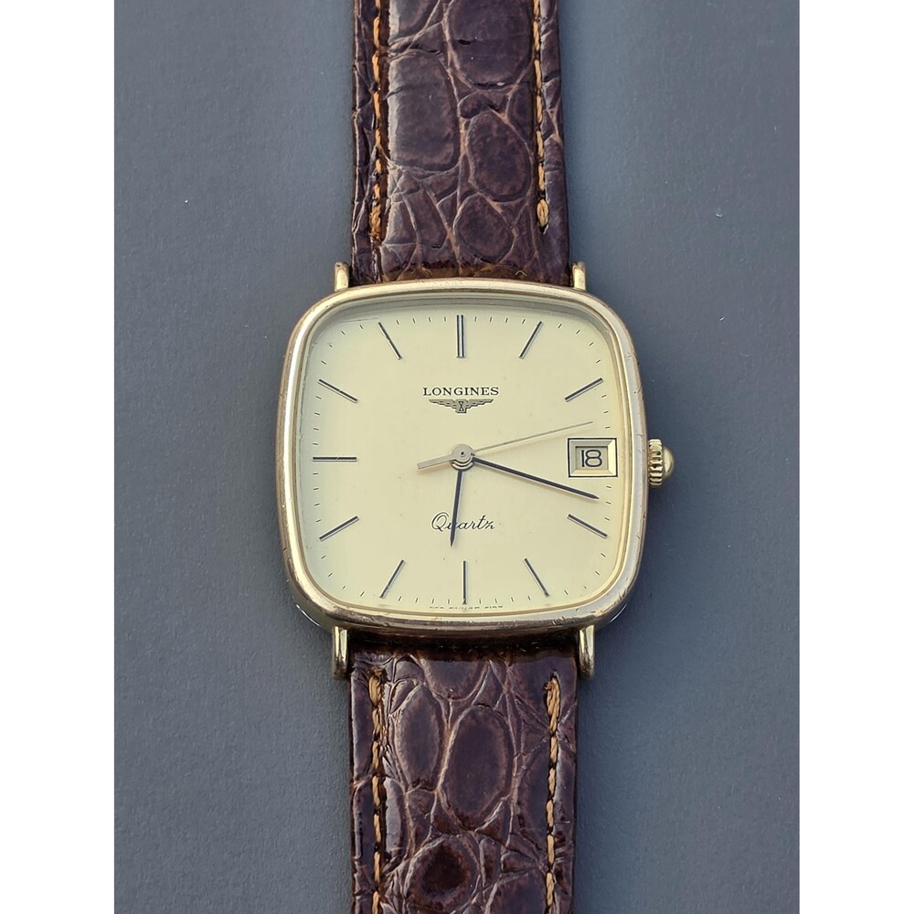 VTG Longines Golden TV Mens Watch Classical Champagne Dial Brown Leather Swiss